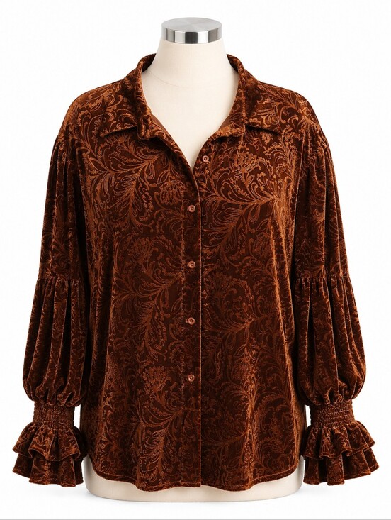 CheryBetty Tops - Cherybetty Brown Velvet Burnout Floral Blouse Shirt 3XL NWT Lantern Sleeve Boho